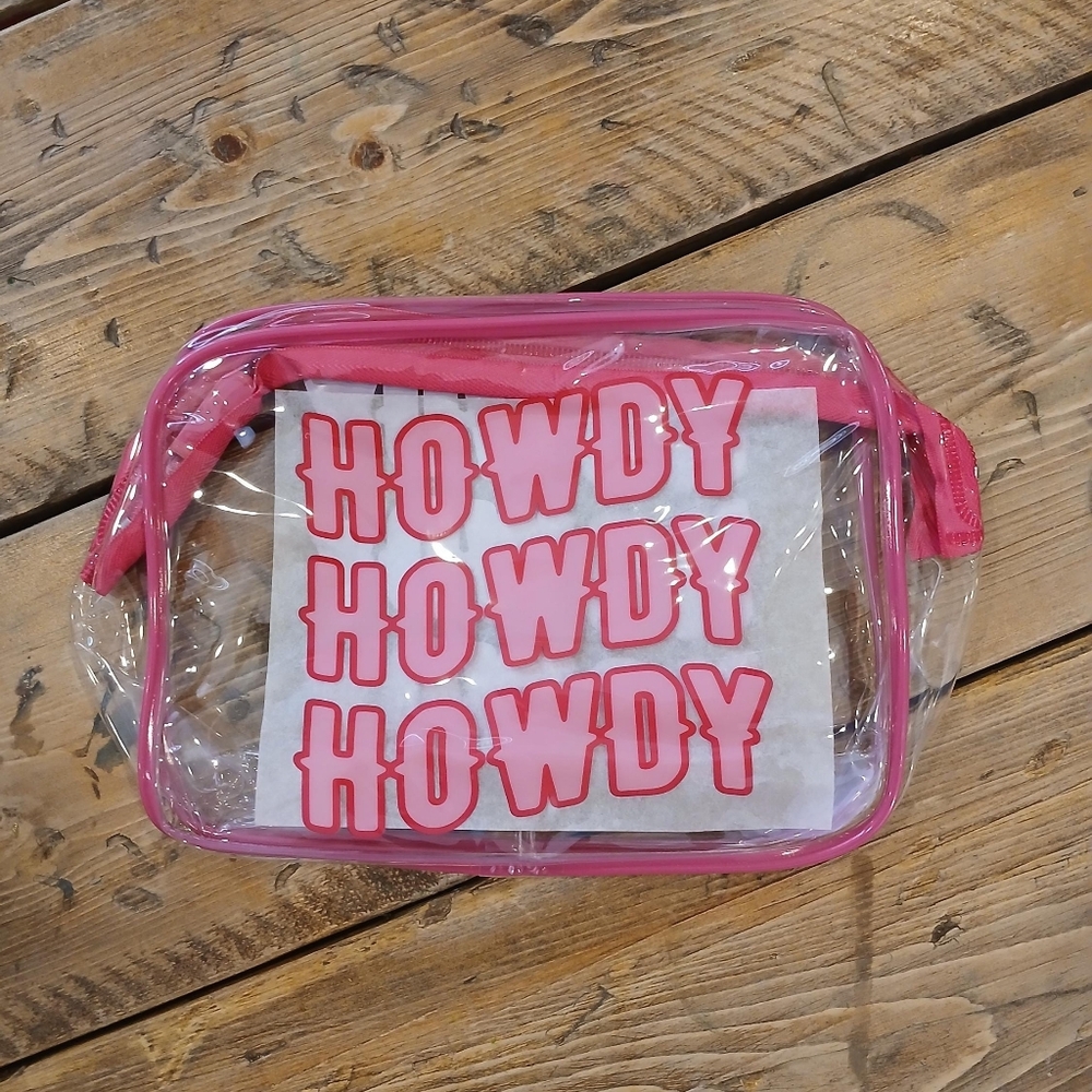 NWT HOWDY Clear Pink Cosmetic Bag Fun Western Cowgirl Make Up Travel Toiletries